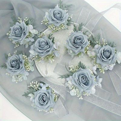 2 Sets Simulierte Hochzeit Braut Brautjungfer Blau Corsage Handgelenkblume