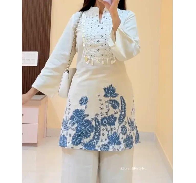 Women Designer Cotton Slub Kurti Pant Cord Set Indian Bollywood Ethnic Wear Top Tunic Kurta Set