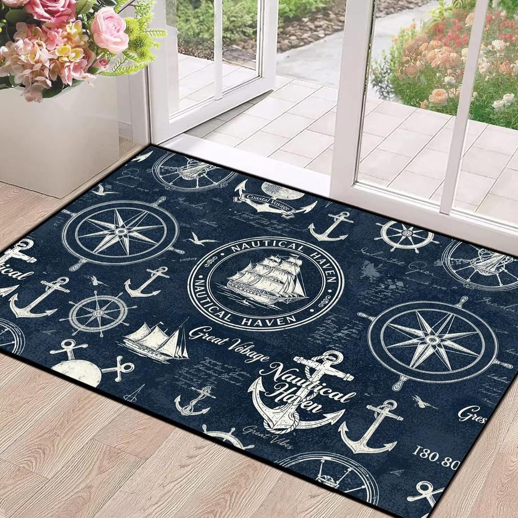 Dark Navy Nautical Rug, Anchor Ship Wheel Vintage Sailing Marine Pattern,Non-Slip Washable Mat for Living Room Sofa Dining Decor