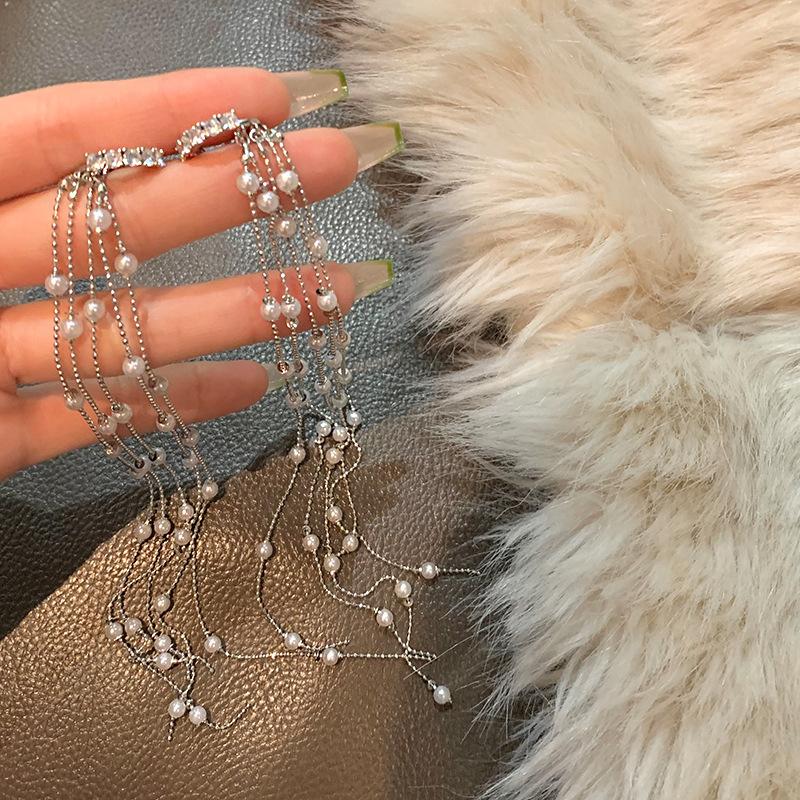 Pearl super long fringed earclip fashion exaggerated design sense earrings personality light luxury earrings niche high sense