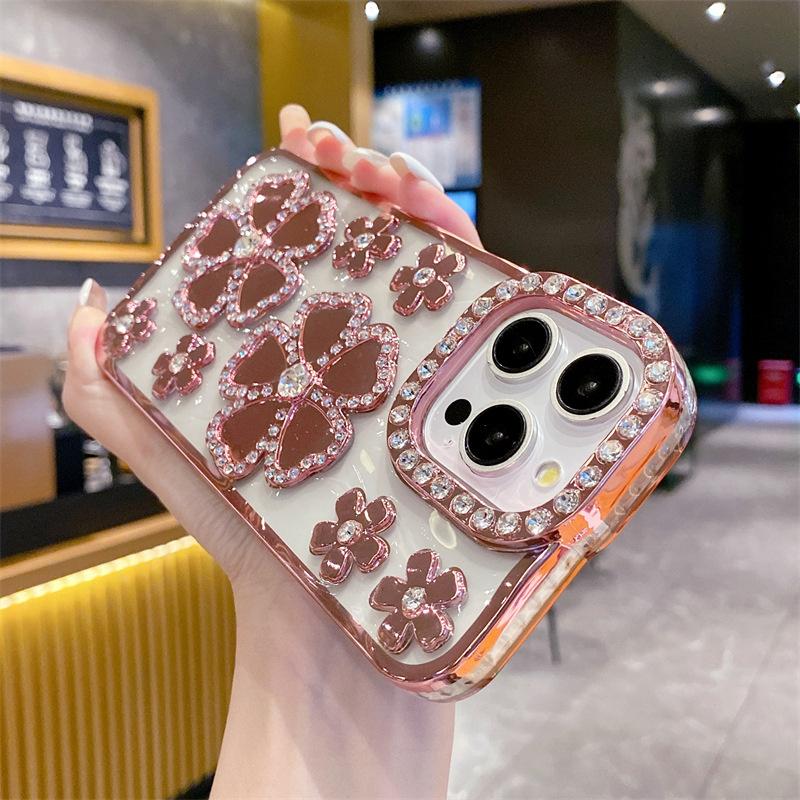 

Чехол для iPhone 14 Pro Max с цветочным декором из страз и блестками из ТПУ Pink