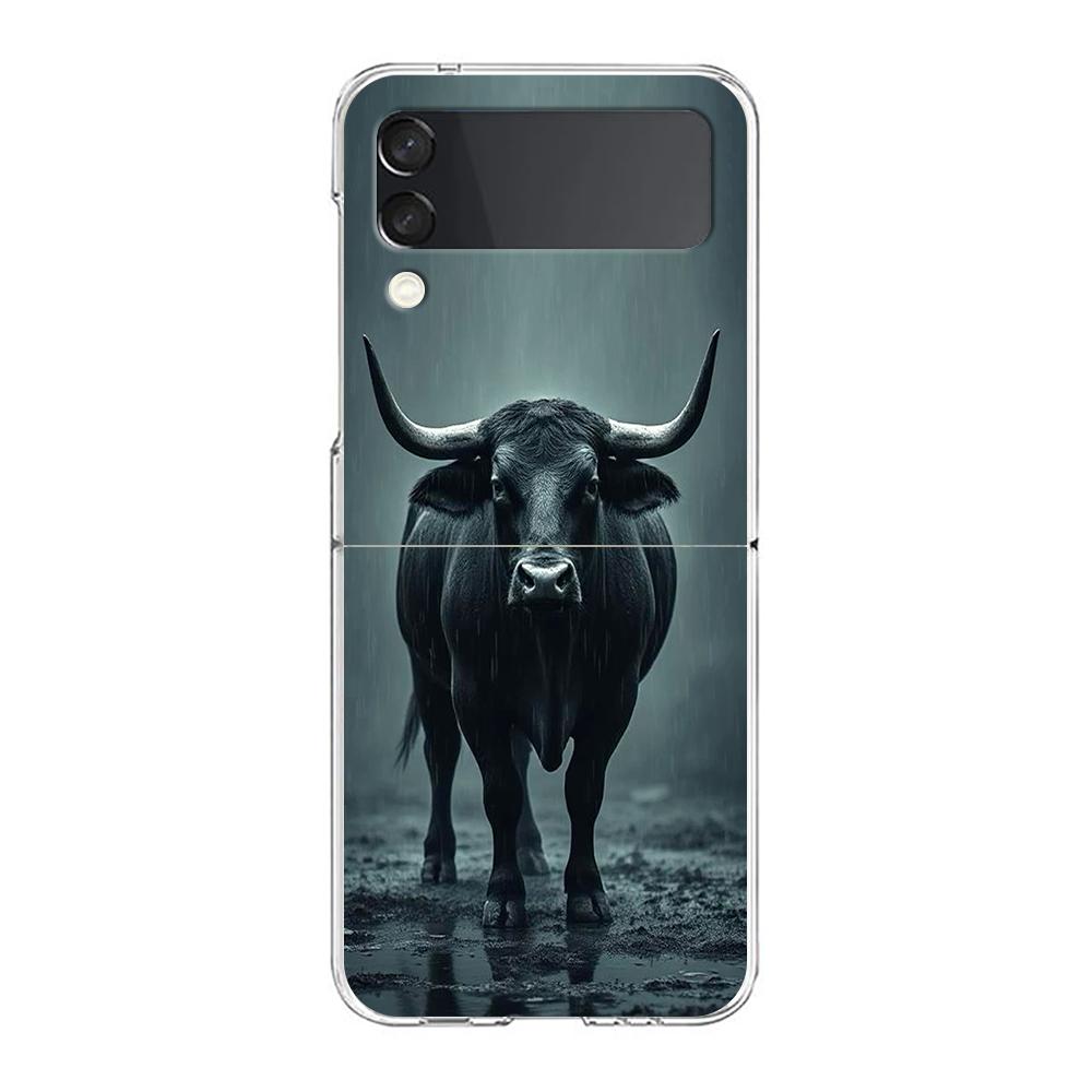 Phone Case For Samsung Galaxy Z Flip 3 4 5 Hard Folding Clear PC Bumper For Samsung Z Flip 6 Back Cover Bull Animal