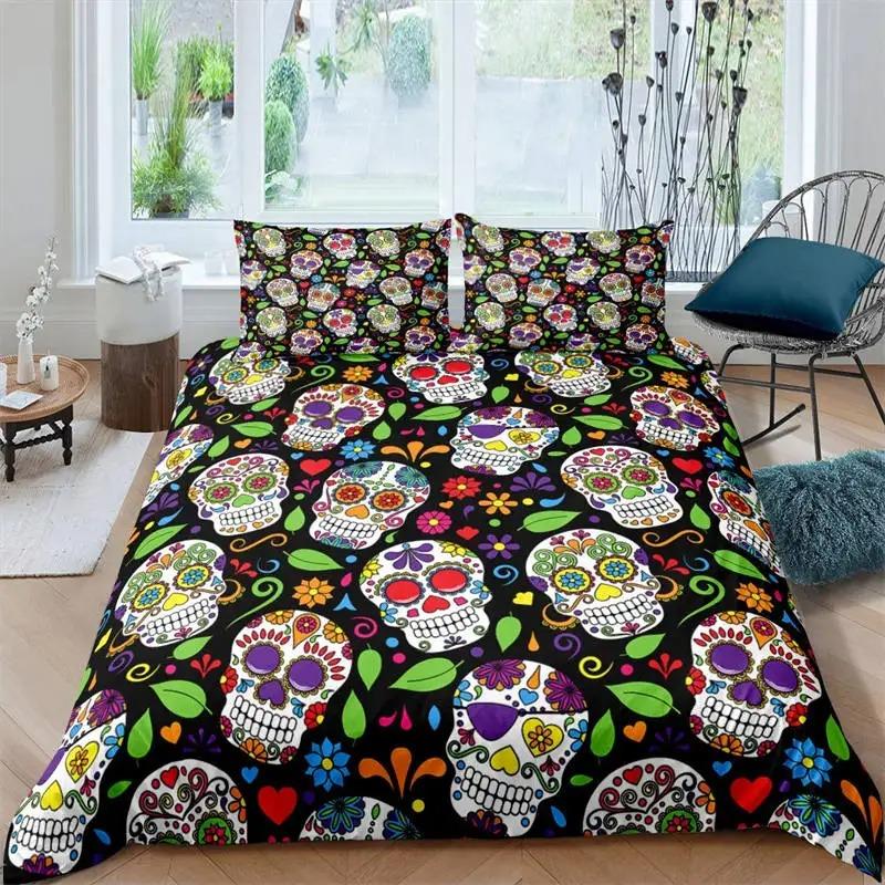 Sugar Skull Duvet Cover Luxury Gothic Skeleton Bedding Set Halloween Theme Floral Comforter Cover Twin Full For Girls Kids Teens