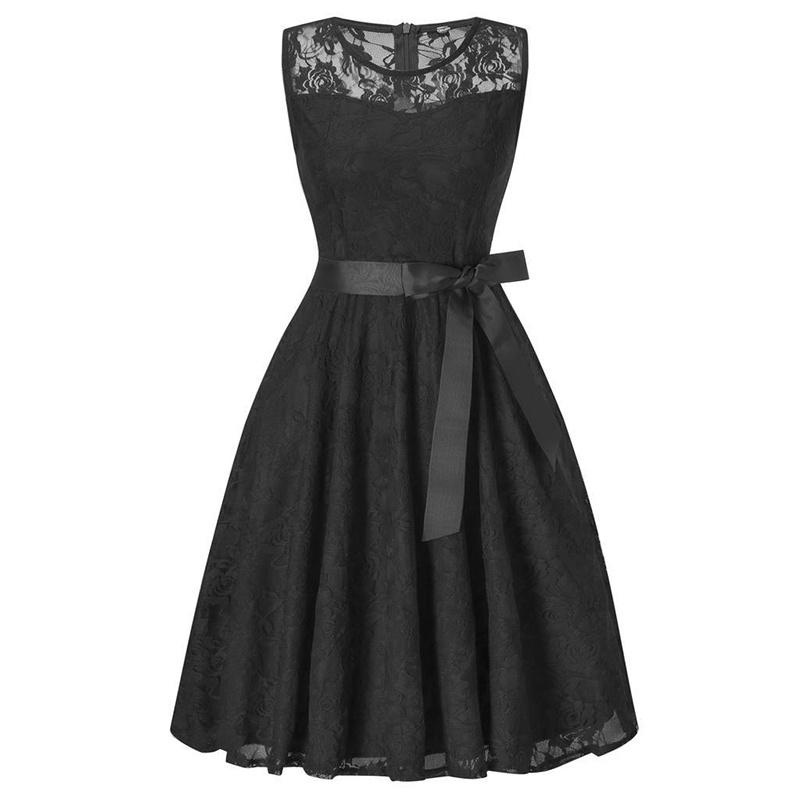 Elegant Round Neck Sleeveless Lace Stitching Retro Dress With A Large Belt And Slim Swing Skirt