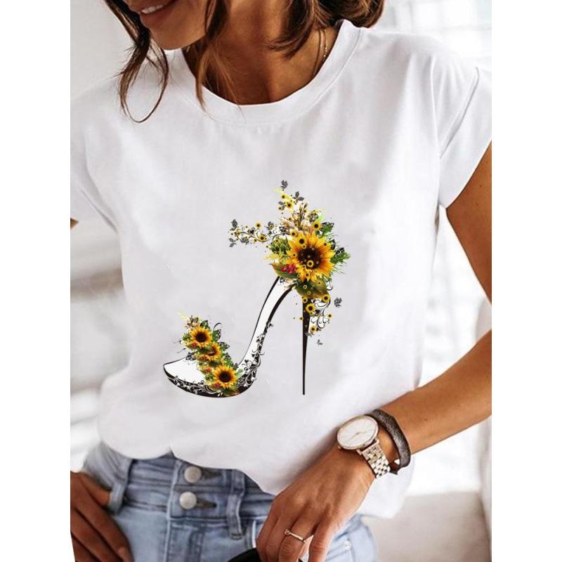 Spring Summer Women's Clothing Love Flower Plant Printed Casual Simple Trendy Top Round Neck Pure Cotton Short Sleeved T-Shirts Women’s