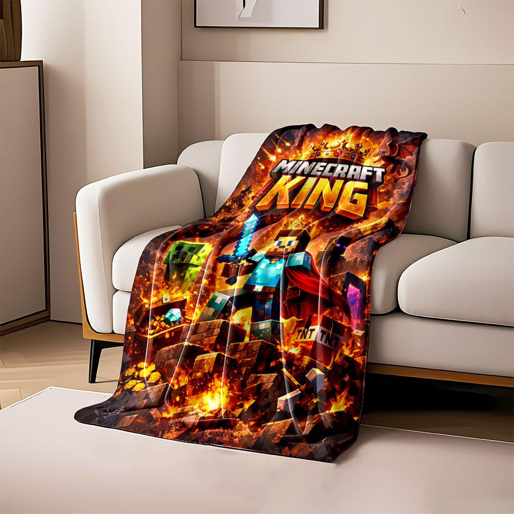 

Fiery Minecraft fantasy with crowned player, treasures, TNT, and a dragon. for all seasons blanket lunch break throw gift 80cm x 120cm