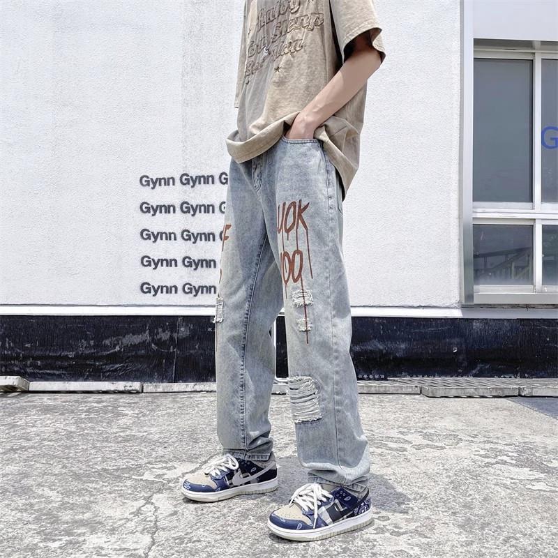 Men's Summer Ripped Ink-Print Harajuku Jeans - Straight Leg Trendy Pants