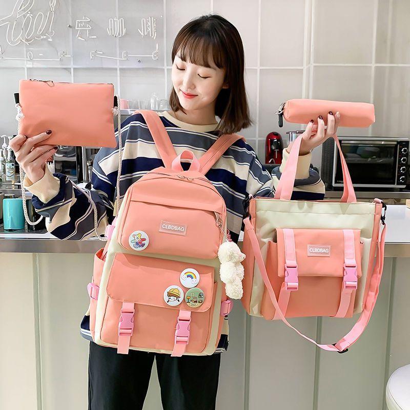 Autumn New Canvas Backpack Women's Korean Version Large Capacity Five-Piece Set Middle School Student Backpack College Student