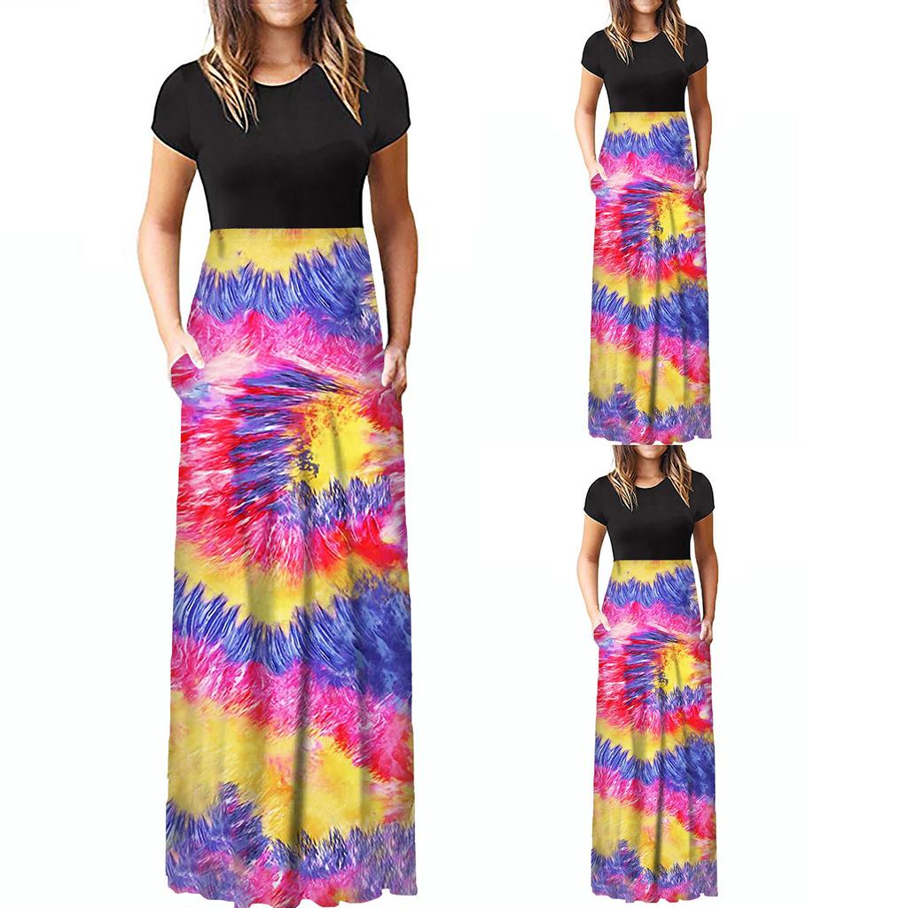 Women Fashion  Gradient Print Short  Sleeve Spaghetti Maxi Dress