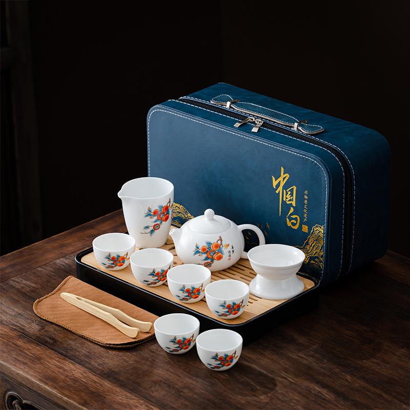 Suet Jade White Porcelain Tea Set Guochao Set Office Storage Kung Fu Tea Set Business Gift Tea Set