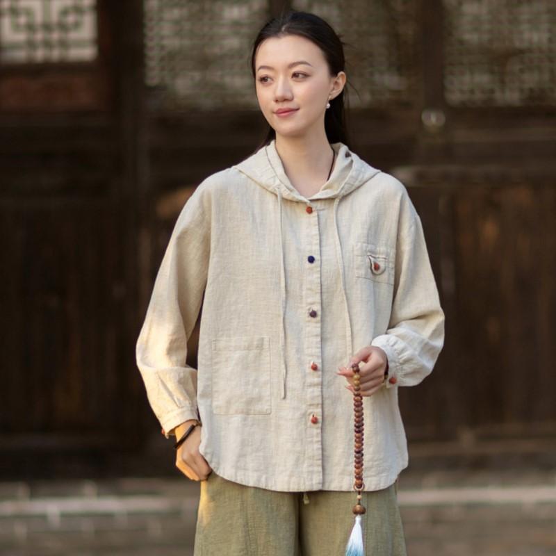 Johnature Women Vintage Shirts Tops Hooded Spring Chinese Style Solid Color Blouses Button Shirts