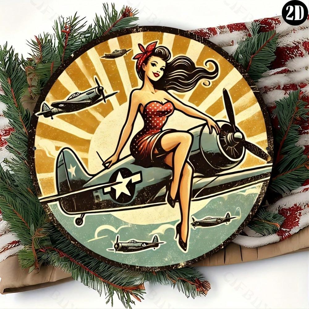 Vintage Pinup Girl Aviation Metal Tin Sign 8 Inch Retro Wall Art for Home Bar Cafe Gift