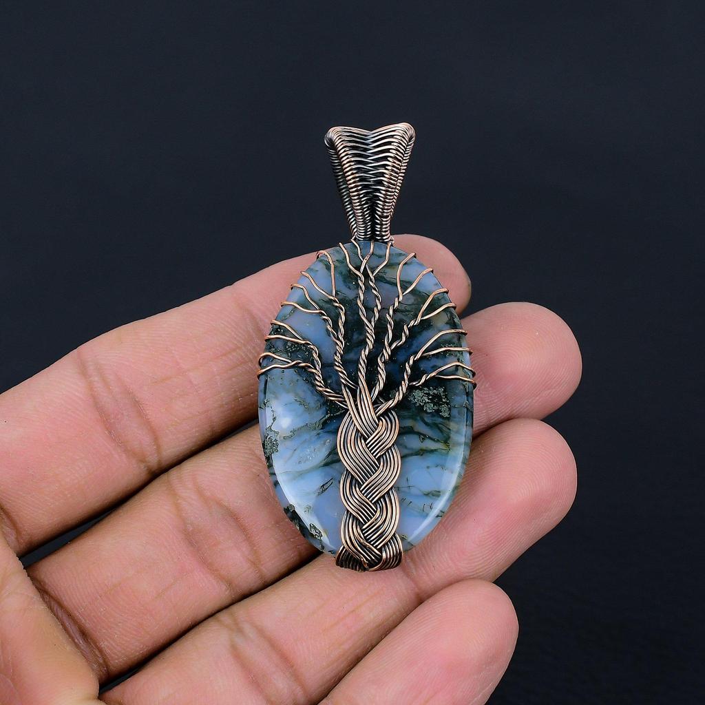 Pěkný strom života mechový achát drahokam čistá měď drát oplet ručně vyráběný šperk přívěsek