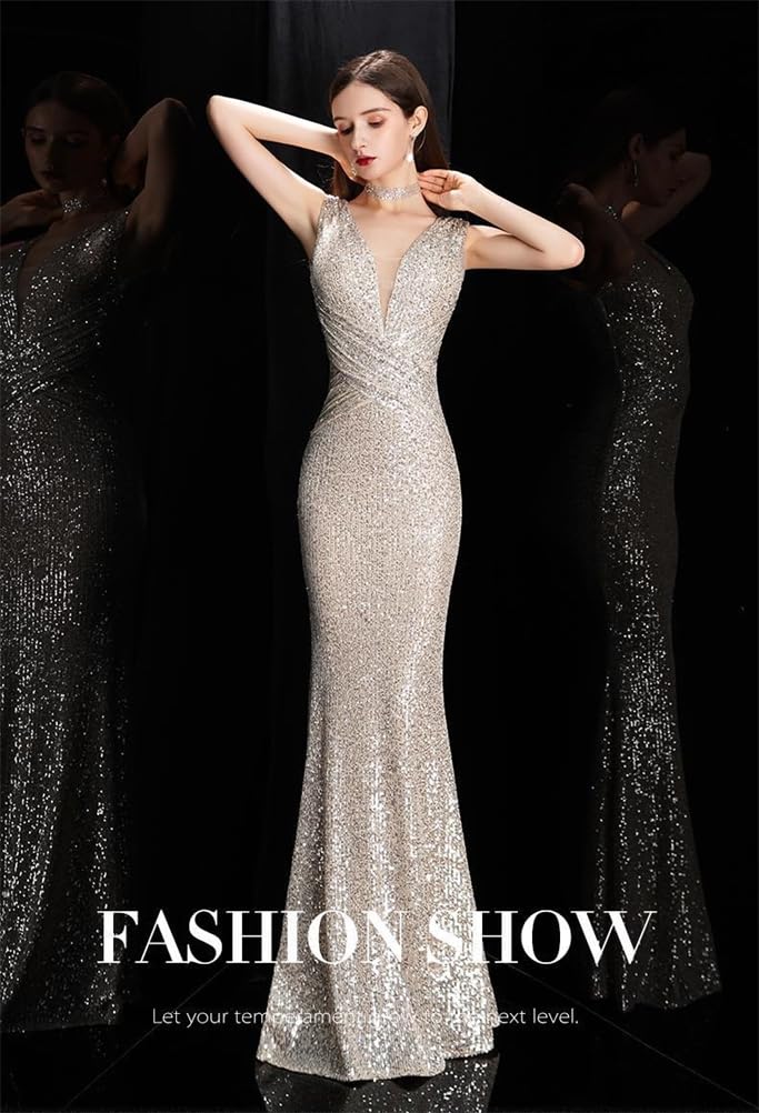 JINZUOMA Mermaid Long Party Evening Sequin Slim Elegant for and Graduations Women's Dress, Dress, Dress, Dress, Dress, Fit, V-Neck, Formal, Sexy,