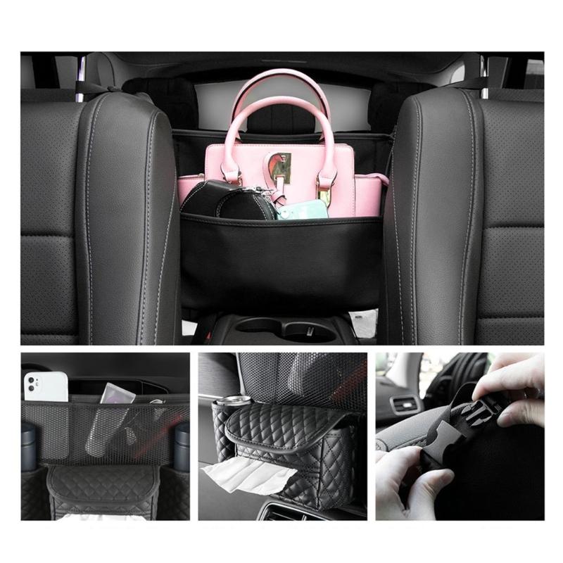 Car Seat Purse Handbag Holder Leather Pocket for Document Phone Storage Barrier of Backseat Kids Pet Fits Most Vehicles