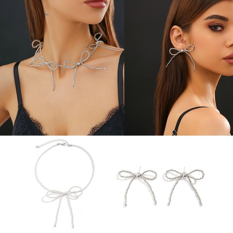 Trendy Bowknot Studs Earrings Stylish Chain Choker Necklace Durable Beads Bracelet Alloy Material Jewelry Gift for Women