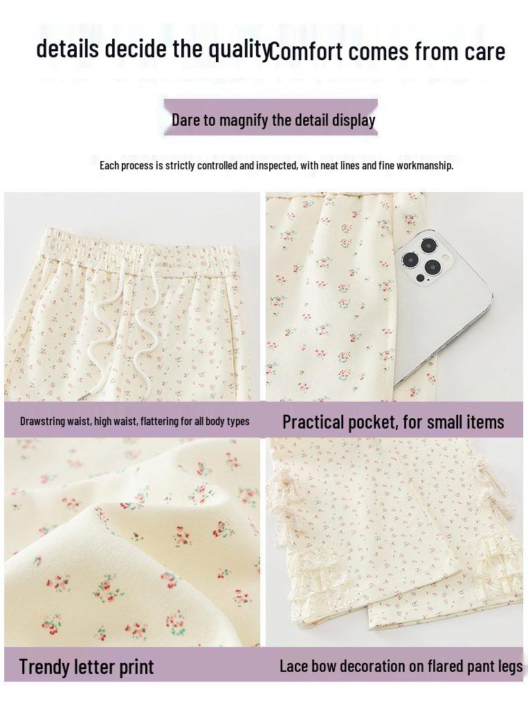 Lace Bow Floral High-Waisted Wide-Leg Summer 2026 Women's Casual Pants