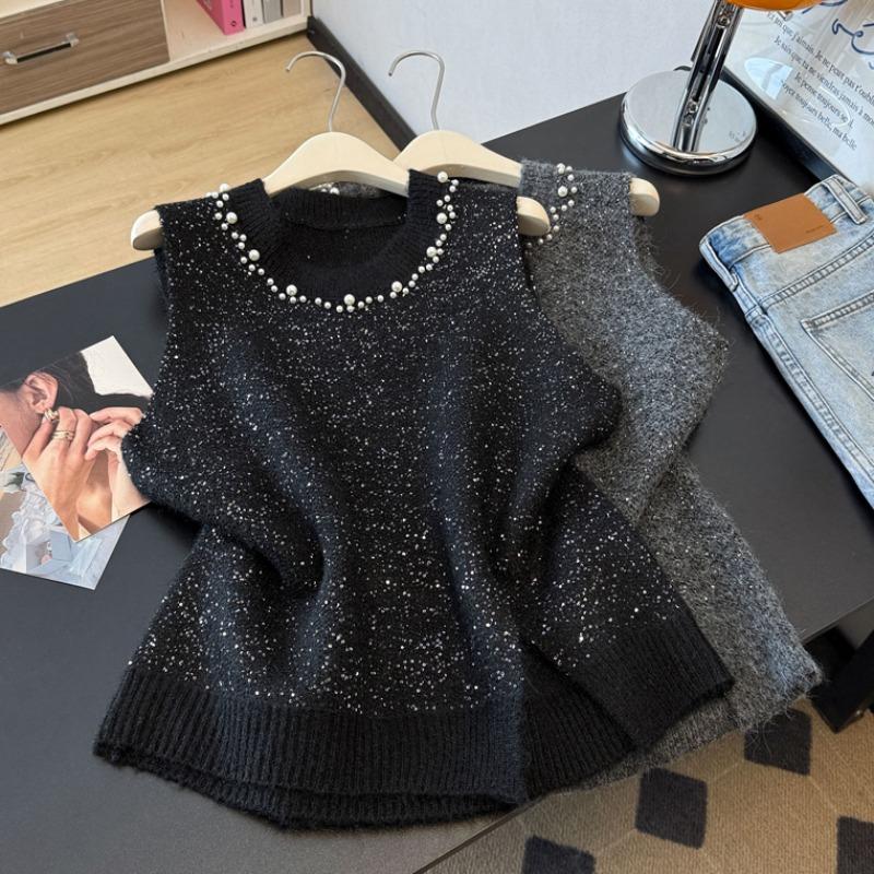 2026 Autumn Winter New Women Sweater Knitting Beading Vintage Lady Tops Pullover Sleeveless Shirt Loose Casual Vest Tank