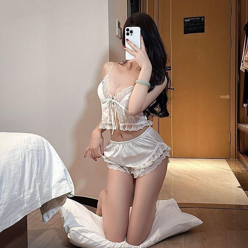 Satin Lingerie Set With Lace Ice Silk Strap Sleepwear For Women