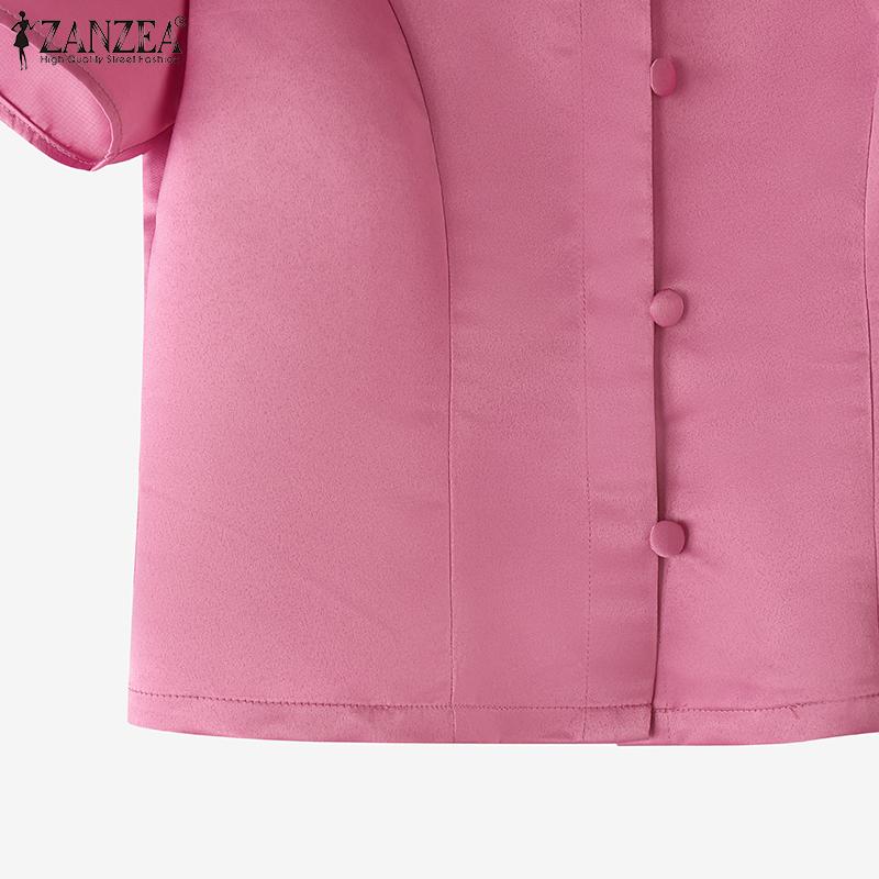 ZANZEA Dámská letní ležérní saténová halenka se stojáčkem a krátkým rukávem