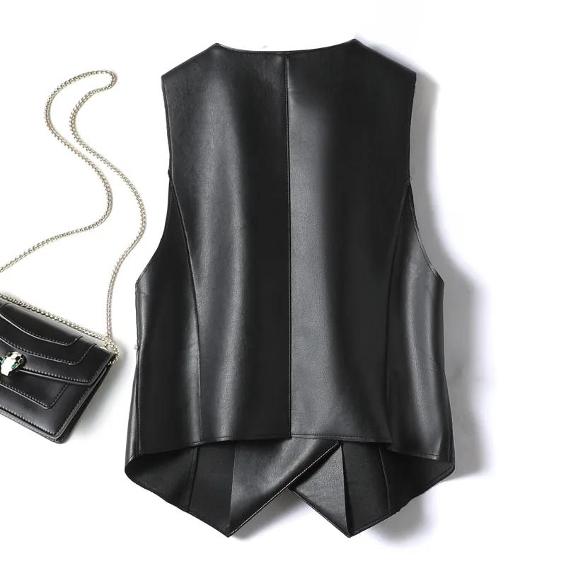 Female Outerwear Spring Autumn Black Soft Pu Leather Vest Double-breasted Elegant Office Lady Sleeveless Jackets Waistcoat