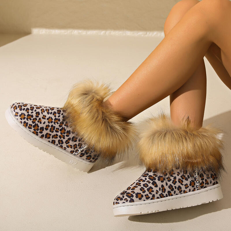 Fashion Fashion Leopard Furry Non Slip Snow Boots Women 2025 Winter Warm Short Plush Ankle Boots Luxury Faux Fur Decoration Booties