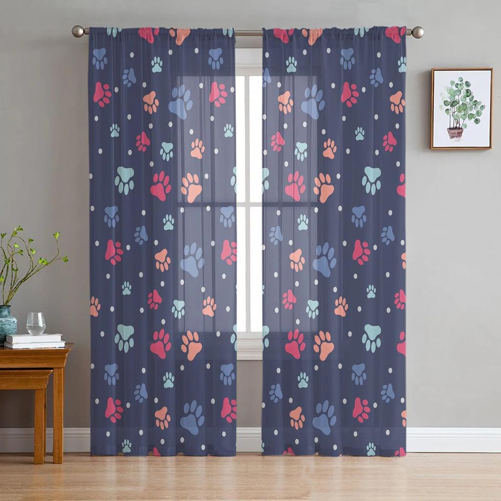 Tulle Curtains for Living Room Dog Paw Black Gray Bedroom Study Window Sheer Curtains Kitchen Balcony Interior Voile Curtains