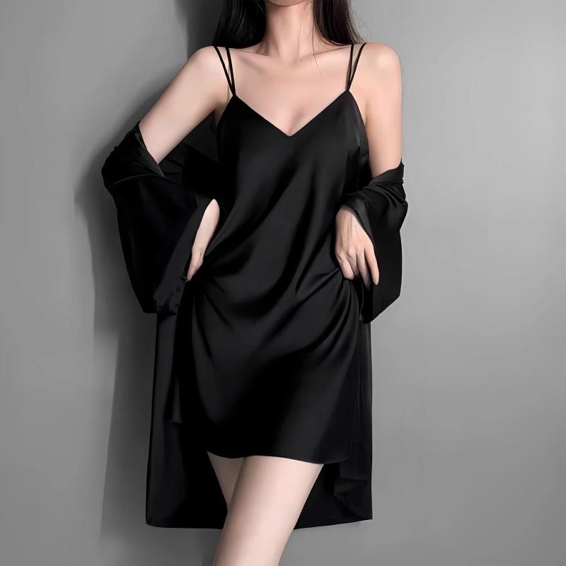Pajamas women's ice silk solid color suspender nightgown two-piece set beautiful back pure desire wind lace loungewear women's summer