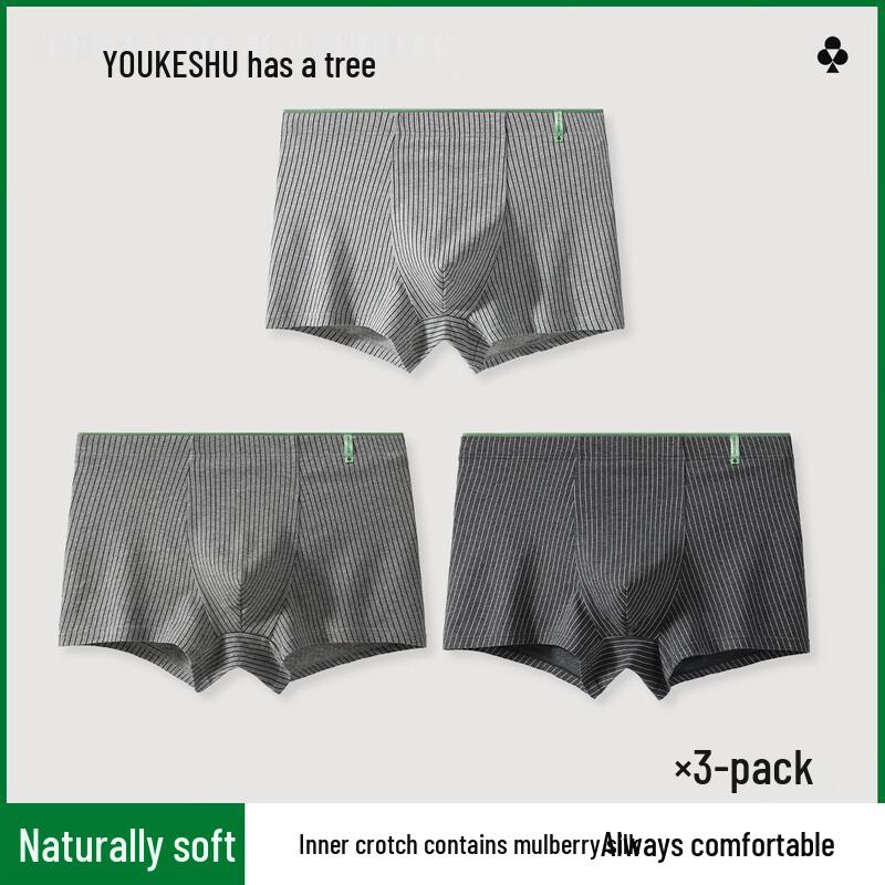 YOUKESHU Men's Striped Cotton Boxer Briefs with Silk Crotch