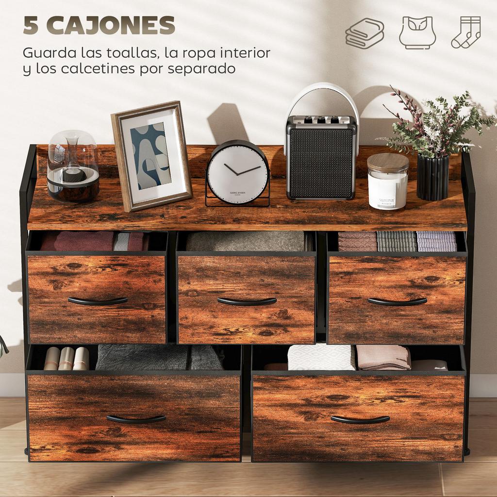 Fabric Chest of Drawers with 5 Drawers and Metal Frame, Industrial Style for Living Room or Hallway, 98x29x63 cm, Rustic Brown