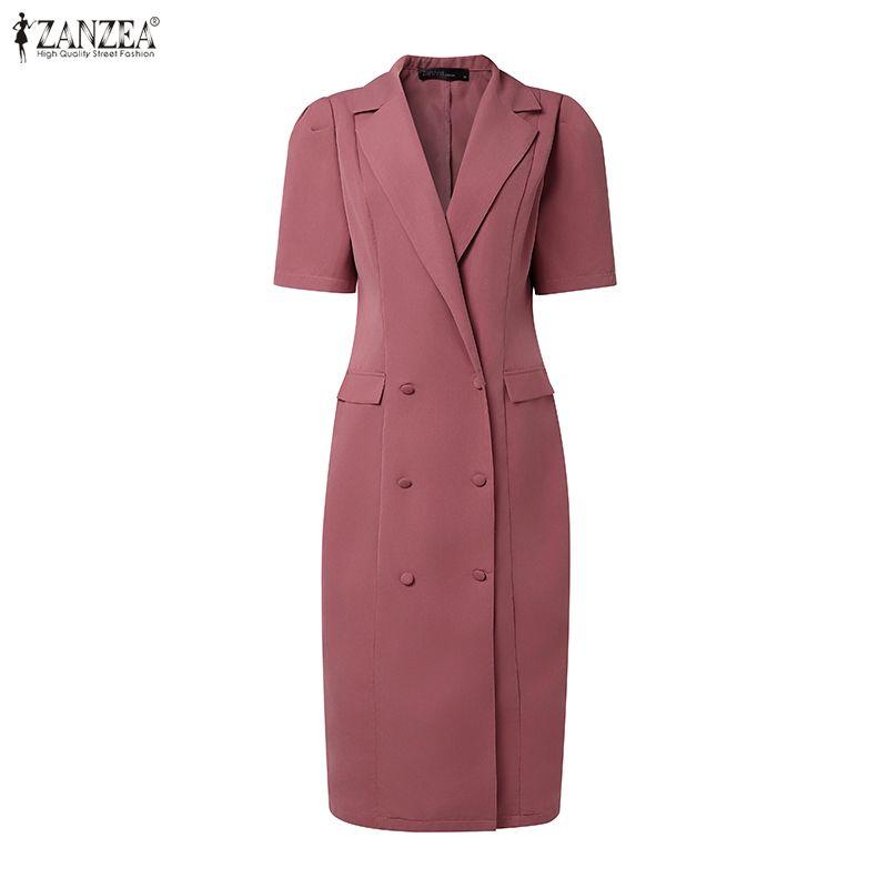 ZANZEA Women Casual Turn Down Collar Short Sleeve Sheath Dress
