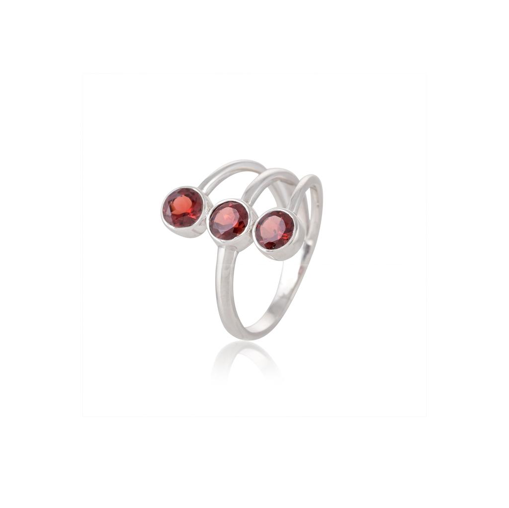 Elegant 925 Sterling Silver Triple Garnet Ring – Handmade Adjustable Stackable Red Stone Ring for Women