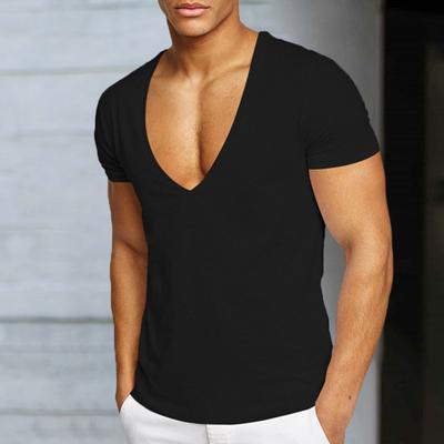 Men T-shirt Deep V Neck Solid Color Slim Fit Pullover Thin Workout Sweat Absorption Mid Length Sports Top Men Clothes