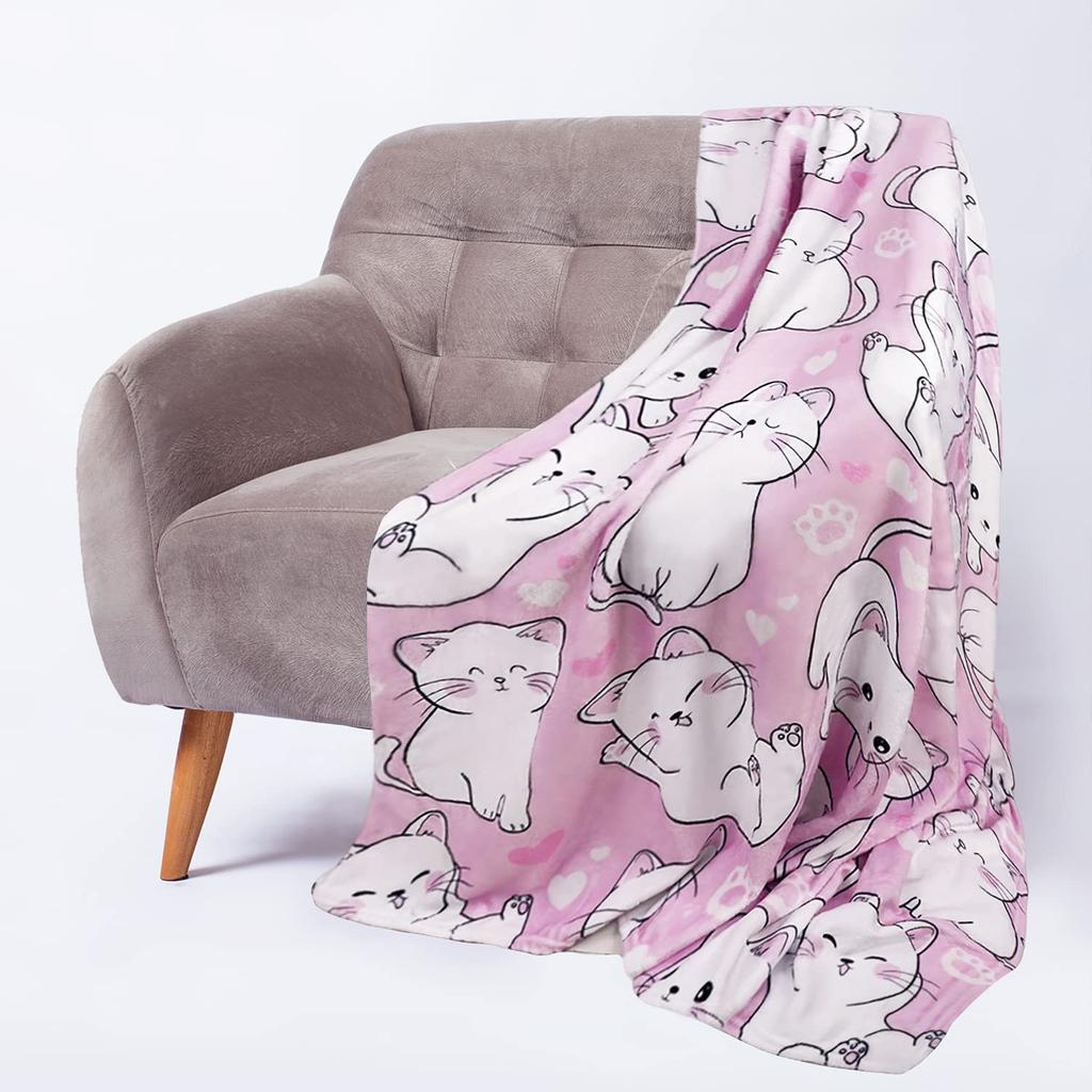 Cute Cat Flannel Blanket Multiple Sizes 2D Print Pink Face Kitty Design Soft Throw Sofa Bedroom Office Snuggle