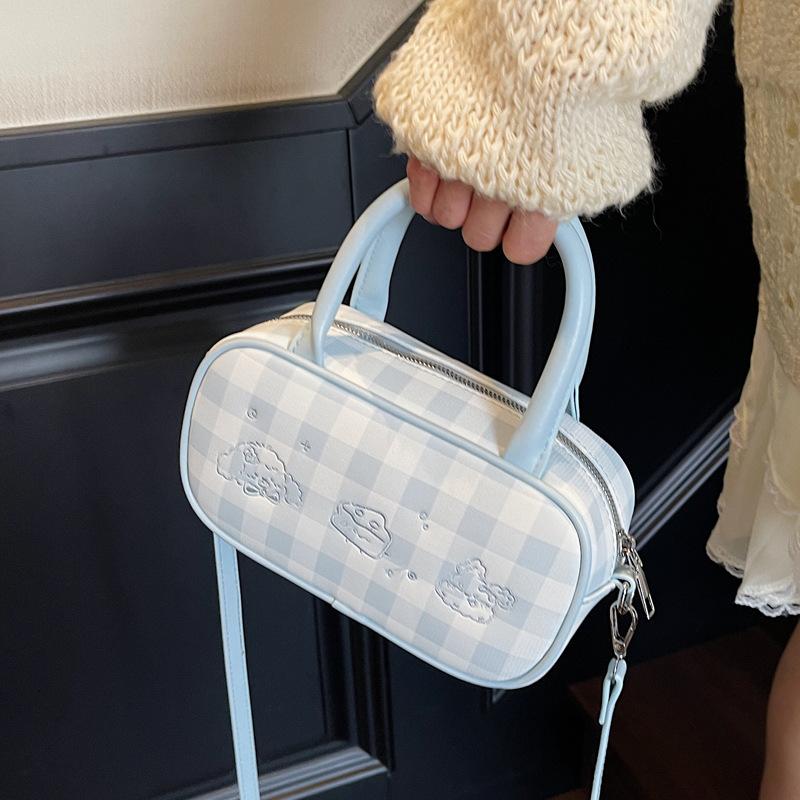 Cute Plaid Portable Boston Bag Women 2025 New Niche Design Messenger Bag Korean Version of Foreign Style Shoulder Bag Tide