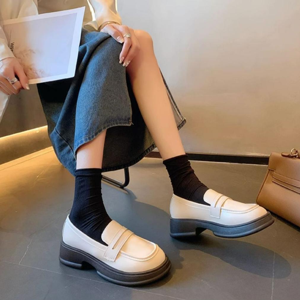 Japanese Style Small Leather Shoes for Women Autumn British Style Black Thick-soled Loafers One-step Uniform Shoes