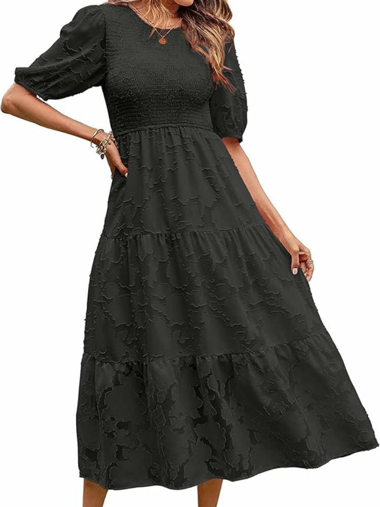 

Элегантное миди-платье с цветочным принтом, рукавами-буфами, высокой талией и многоярусной юбкой - Черный/Бежевый/Синий/Белый S чёрный