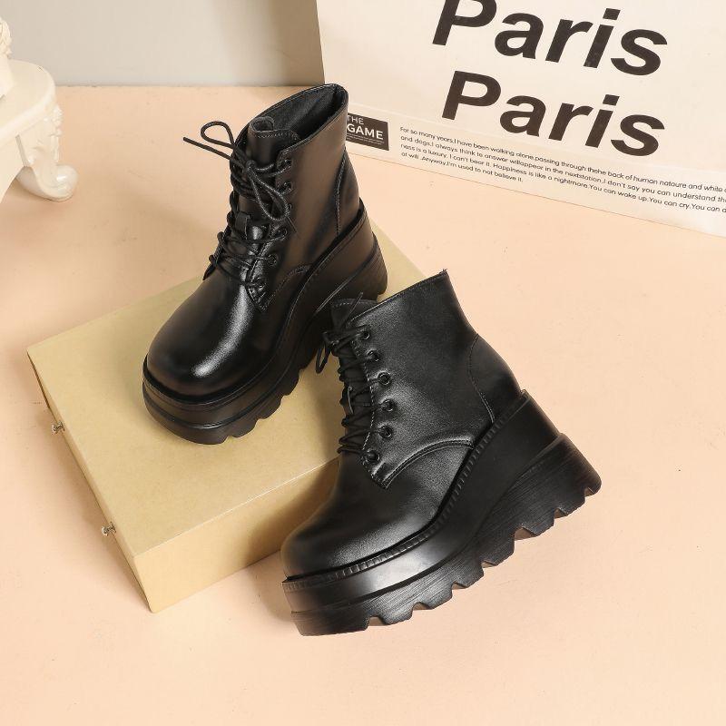 British style thick-soled heightened Martin boots for women's 2025 autumn new fried street muffin bottom high-heeled wedge-heeled short boots ins