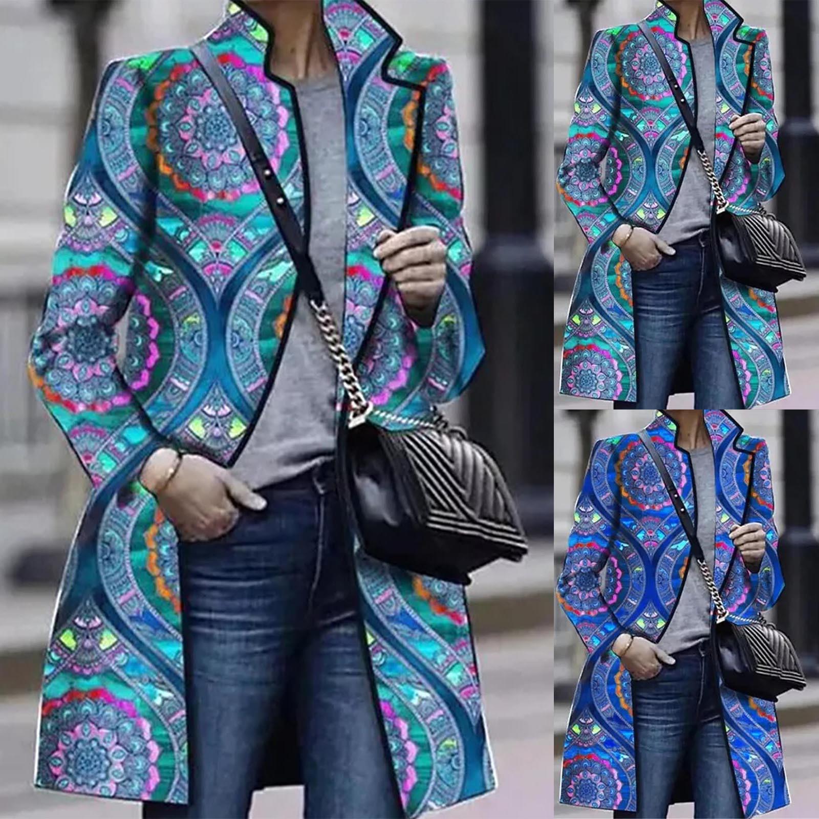 

Womens Fashion Suit Collar Printed Long Sleeve Casual Outwear Coat Tops