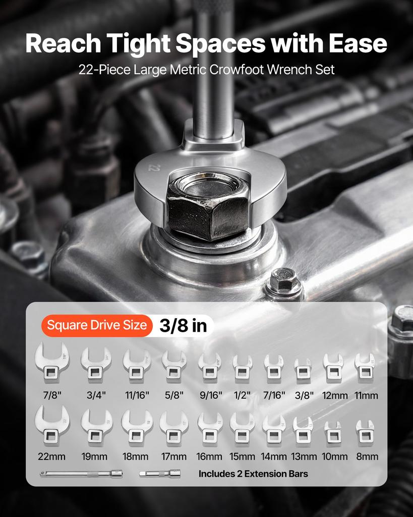 VEVOR Crowfoot Wrench Set, 3/8" Drive, 22-Piece Metric and SAE Size Crows Foot Wrenches, Cr-Mo Alloy Steel, with Storage Tray