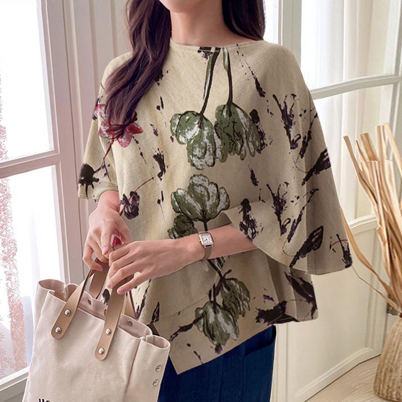 ZANZEA Women Casual Crew Neck Cape Shape Short Sleeve Print Blouse