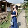 Summer French Deep Sea Blue V-neck A-shaped Skirt Waist Thin Satin Luster Beautiful Elegant Suspender Dress