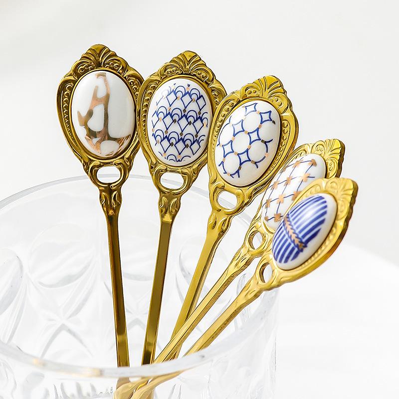 Stainless Steel Spoons Inlay Ceramic Coffee Ladles, Vintage Gold Plating Dessert Spoon, High-class Cake Scoops, Christmas Gift