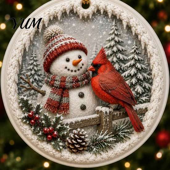 Acrylic Red Bird Pendant Christmas Ornament, Snow Scene Pattern Xmas Tree Pendants Hanging Decor, Retro Round for Winter Holiday Party Festive Decor