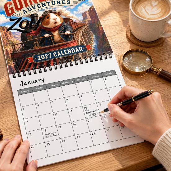 Guinea Pig Wall Calendar 2025 2027 Adventures Calendar, Cute 12 Monthly Planner with Creative Adventure Theme Imaginative Scenes, Spiral Bound Hanging