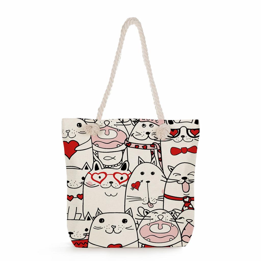 Cartoon cat print thick rope single-shoulder beach bag 7252