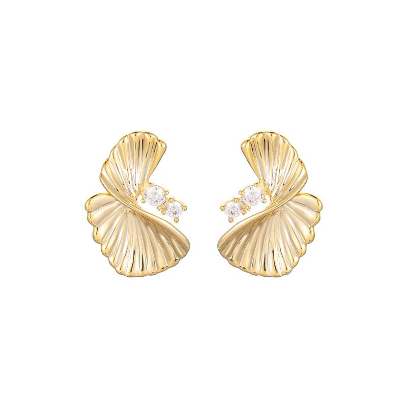 Fashion Twisted Fan Leaf Stud Earrings Brass Electroplated Real Gold Diamond Commuter Metal Earrings Women'S Earrings S925