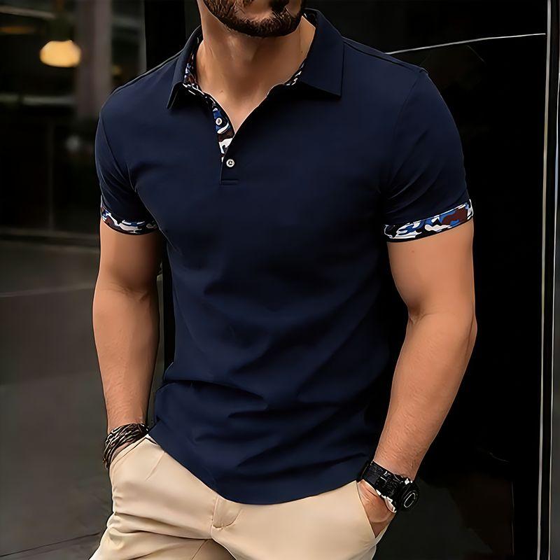 Summer Men's Solid Color Splicing Polo Shirts Short Sleeve Breathable Casual Contrast Color Lapel Collar Streetwear Basic Tops