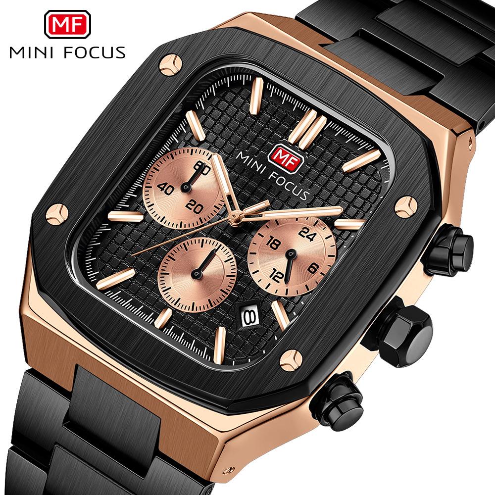 Top luxus s krabičkou MINI FOCUS Hodinky Čtvercové pánské hodinky Vodotěsné námořní hodinky Multifunkční pánské Quartz hodinky s ocelovým páskem