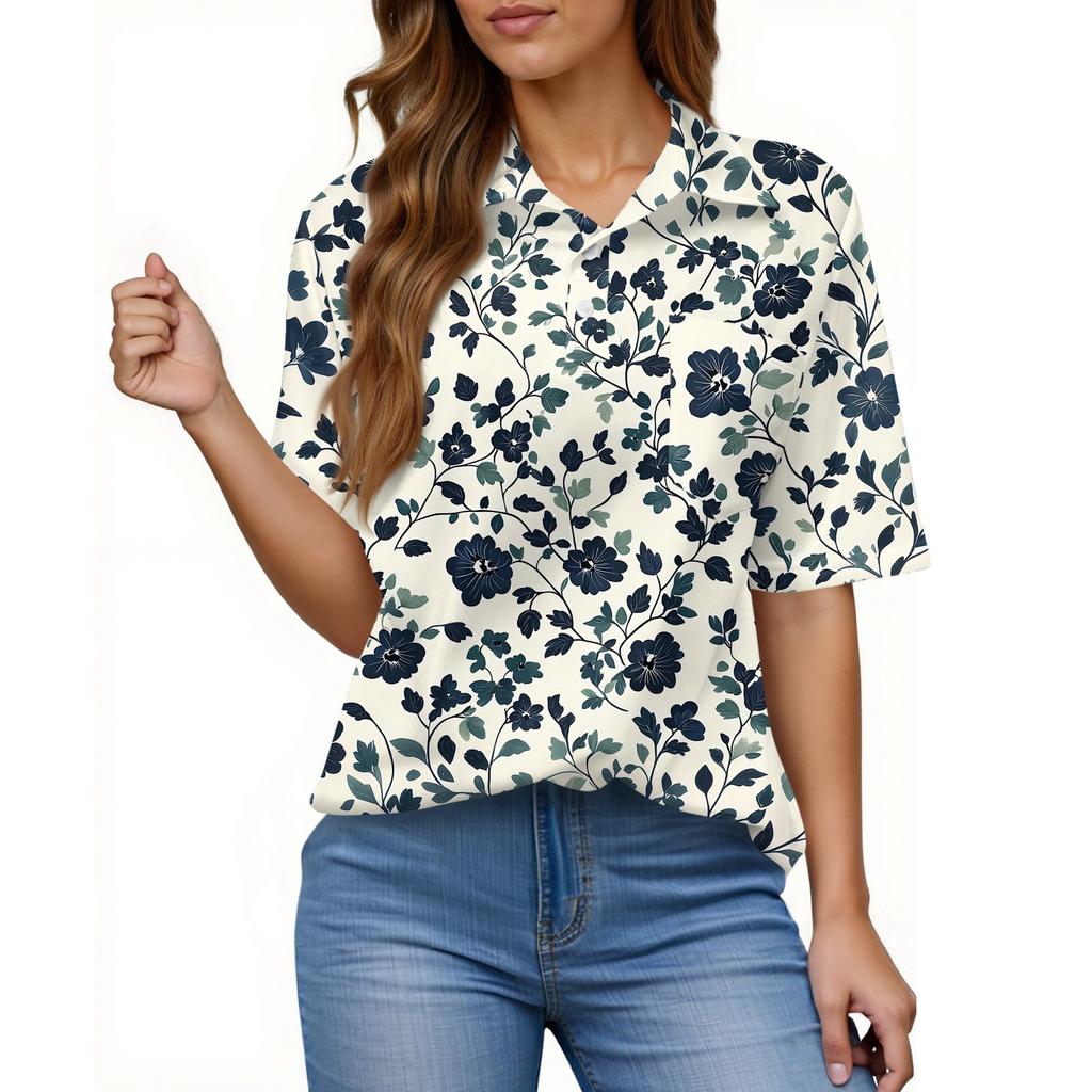 Damenmode Lässig Knopf Tasche Hemd Kurze Ärmel Druck Revers Oberteil